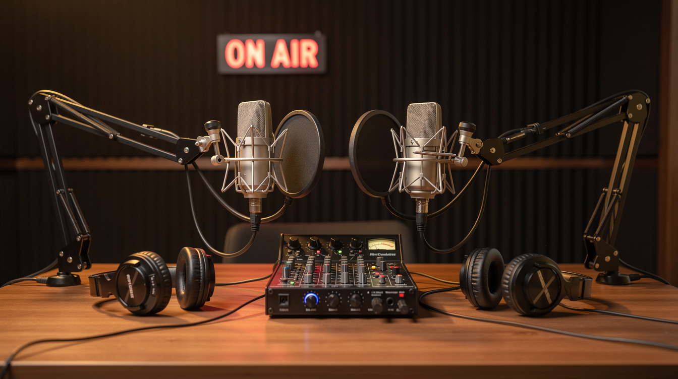 Podcast interview setup with microphones and headphones on a desk