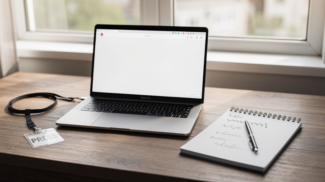 Reporter desk with laptop, notepad, and press pass