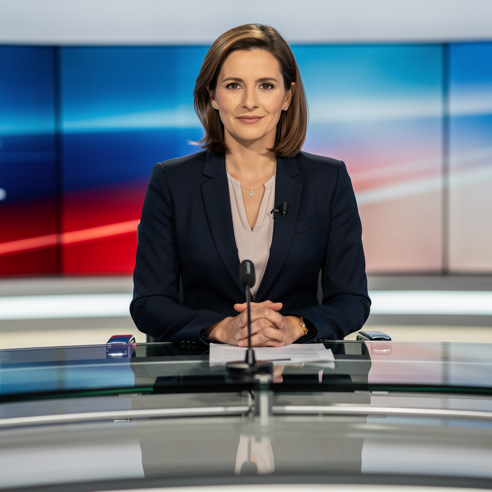 TV news presenter speaking at a studio desk