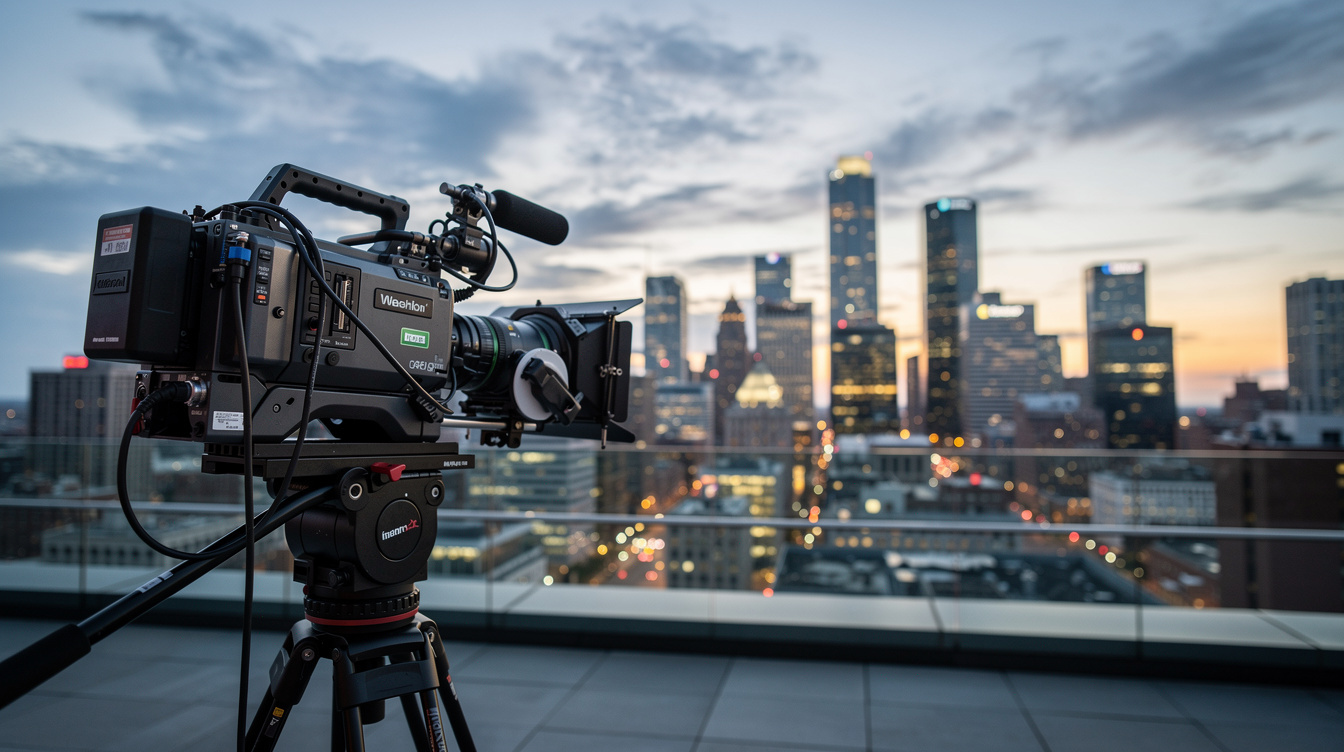 Broadcast camera on a tripod pointed at a city skyline