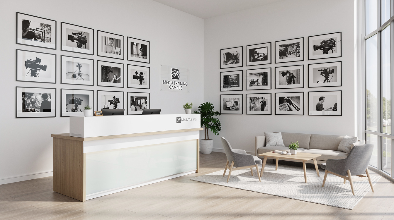 Modern reception area of a media training campus