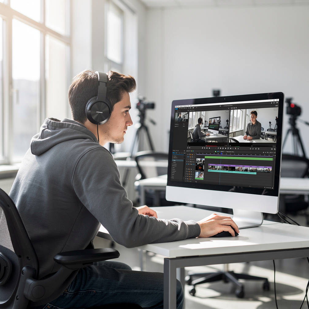 Student editing video footage in a media classroom