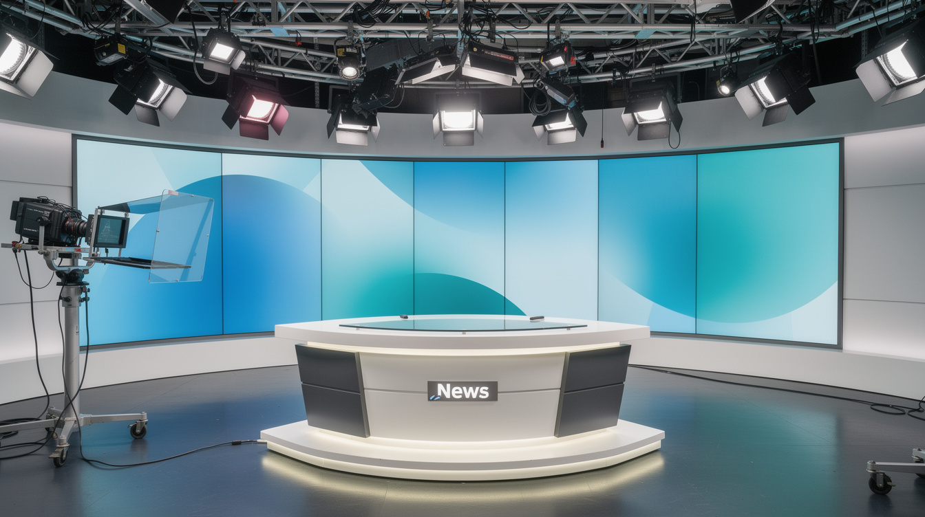 Empty television studio set with teleprompter and lighting rig