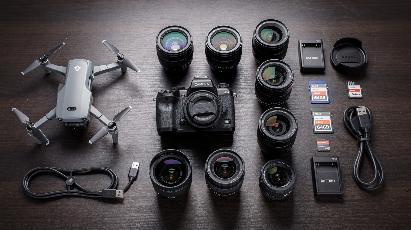 Drone and camera gear laid out on a table