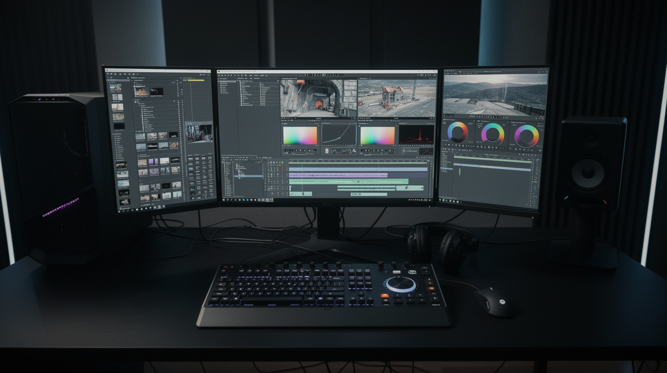 Video editing suite with multiple monitors showing timelines